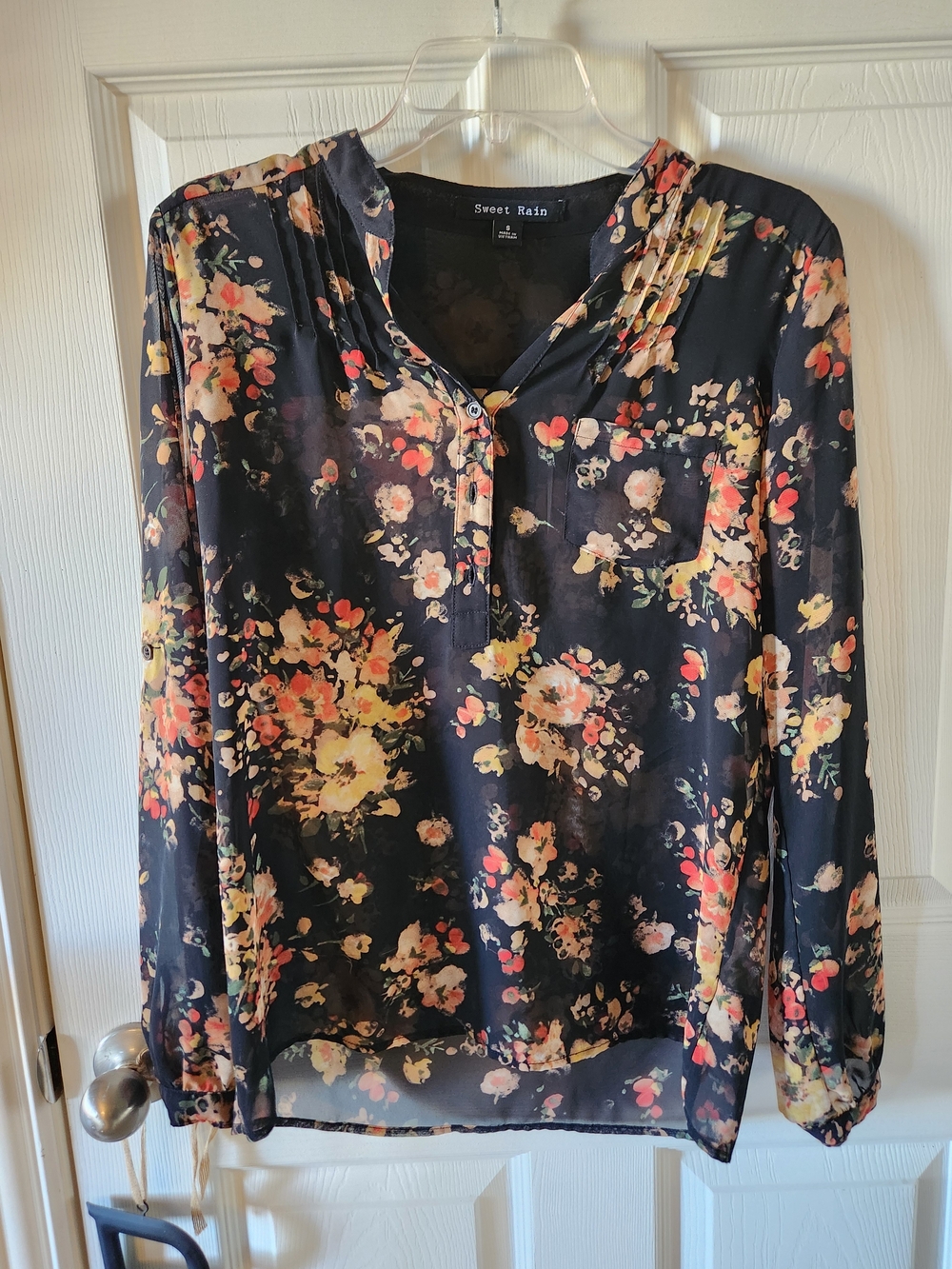 Sweet Rain Women's Sheer Multicolour Floral Long-Sleeve Blouse